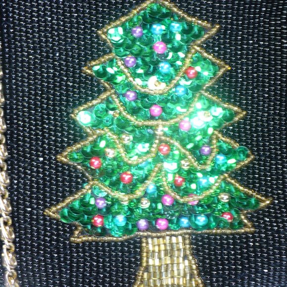 Black Glass seed bead Green & Gold Sequence Christmas Tree  Holiday Purse - Picture 2 of 6